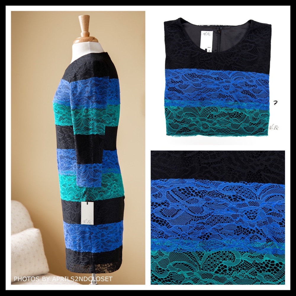 BLACK LACE KNIT SHIFT MINI 3/4 SLEEVES 80S RETRO STYLE DRESS A3C - Picture 5 of 7